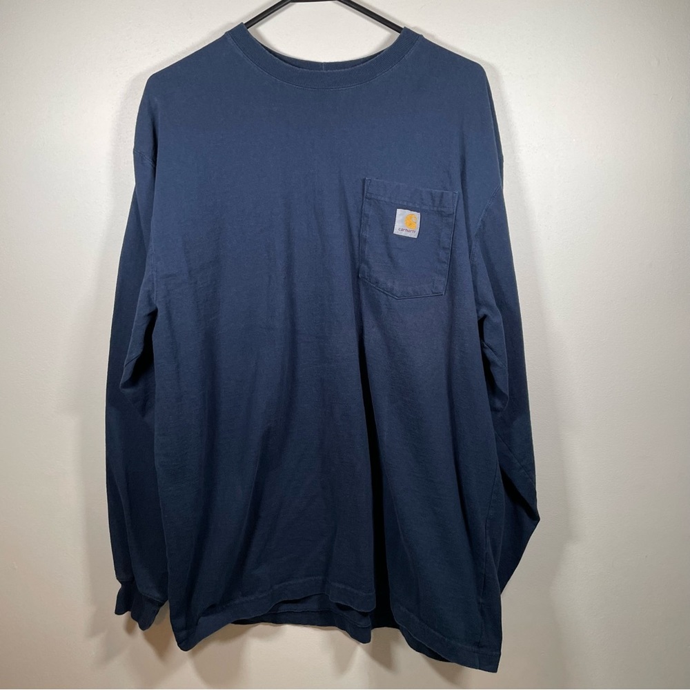 Carhartt T Shirt Mens Large Pocket Long Sleeve Blue Original Fit Navy Good Cond.